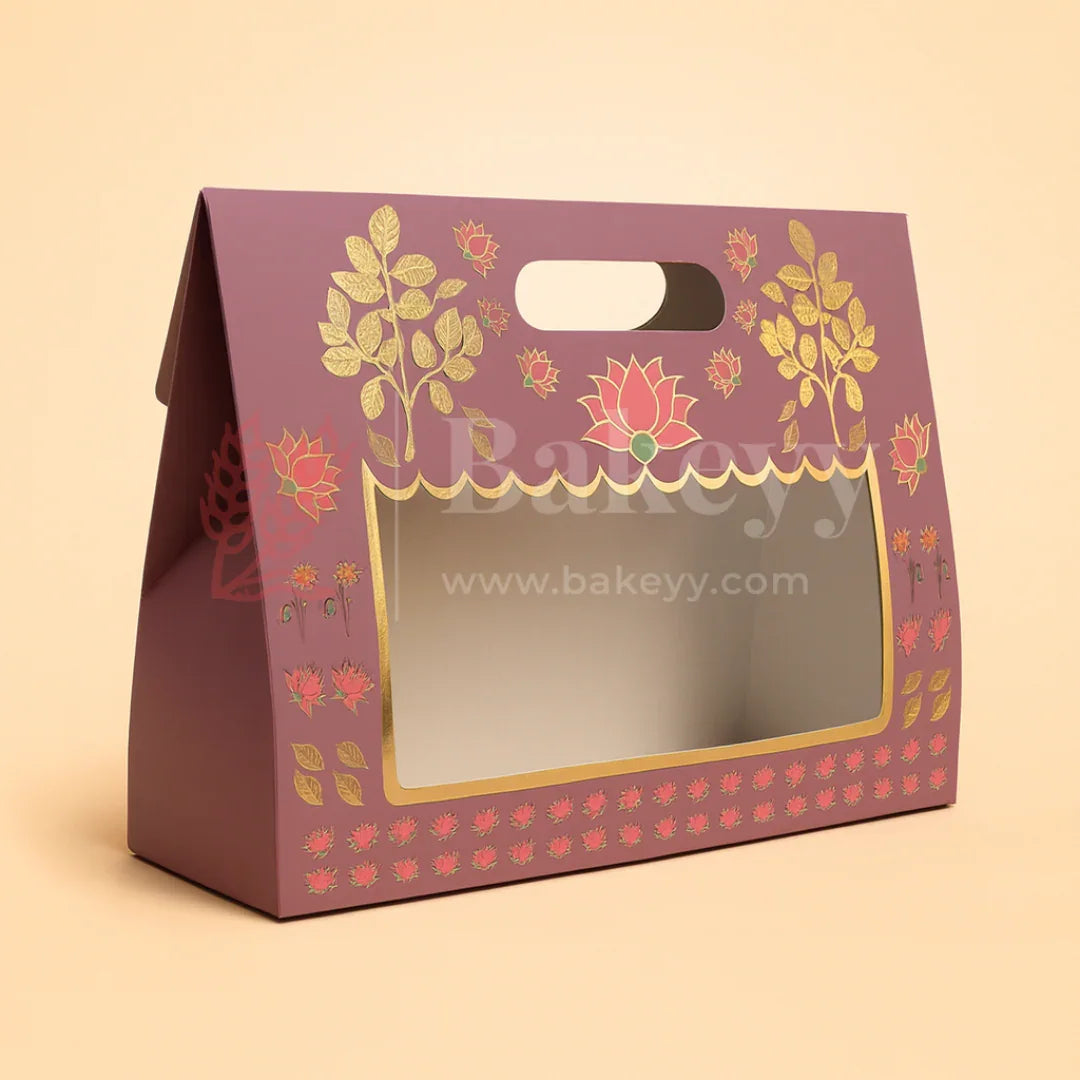 10x4x8 Inch | Purple Floral Window Gift Box with Handle | Luxury Festive Hamper Packaging | Pack of 10