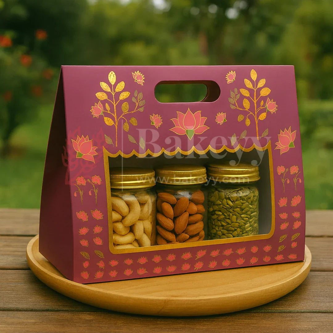 10x4x8 Inch | Purple Floral Window Gift Box with Handle | Luxury Festive Hamper Packaging | Pack of 10