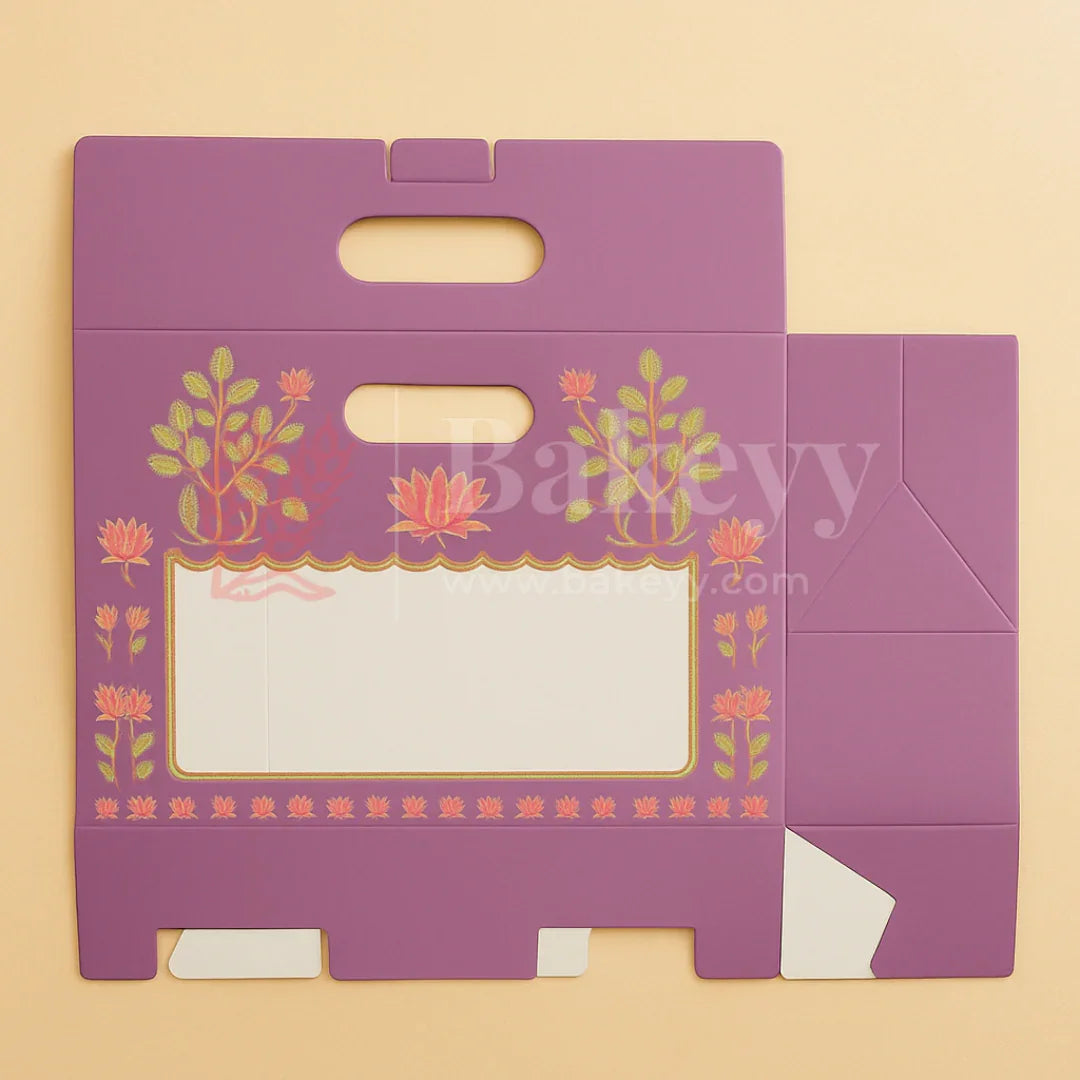 10x4x8 Inch | Purple Floral Window Gift Box with Handle | Luxury Festive Hamper Packaging | Pack of 10