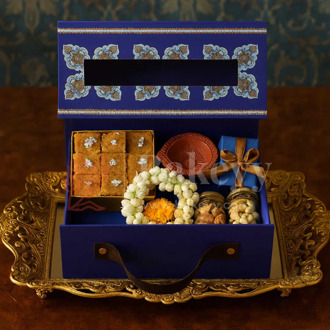 8x8x4 Inch | Royal Blue Persian Design Hamper Box with Leather Handle | Pack of 1