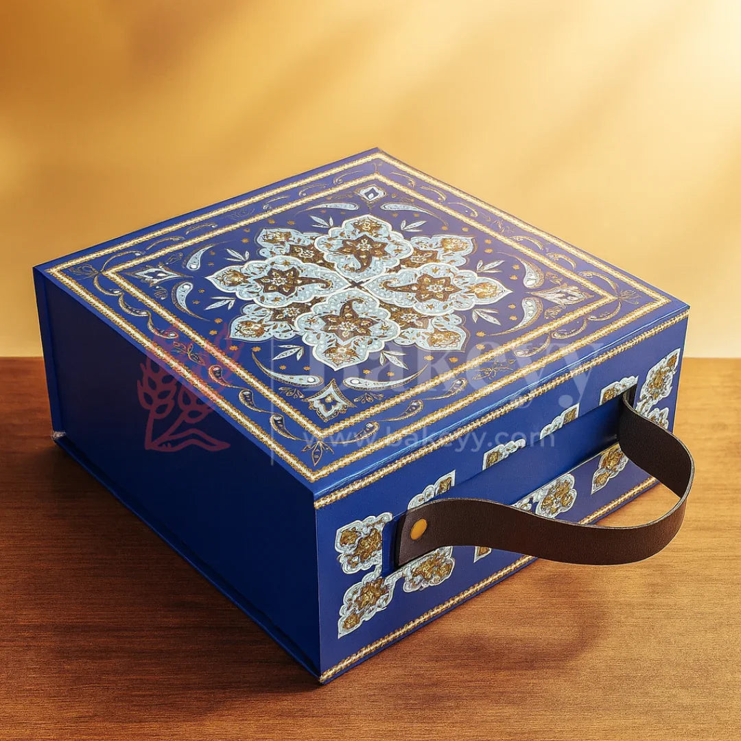 8x8x4 Inch | Royal Blue Persian Design Hamper Box with Leather Handle | Pack of 1