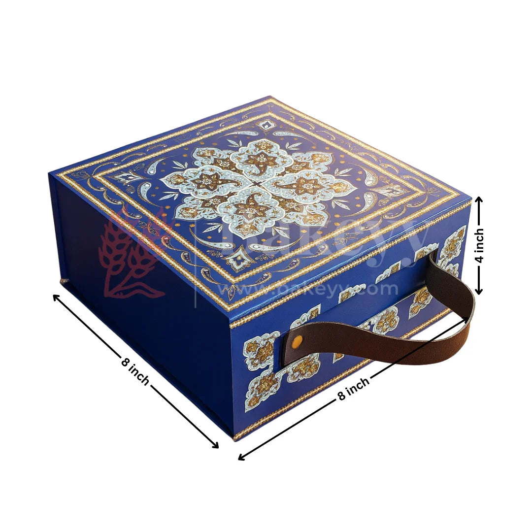 8x8x4 Inch | Royal Blue Persian Design Hamper Box with Leather Handle | Pack of 1