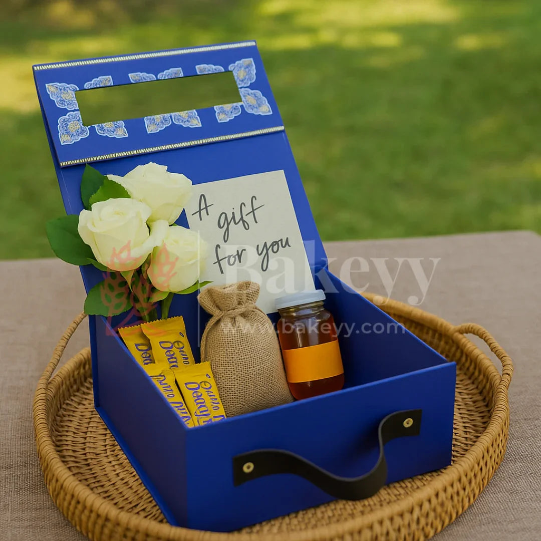 8x8x4 Inch | Royal Blue Persian Design Hamper Box with Leather Handle | Pack of 1