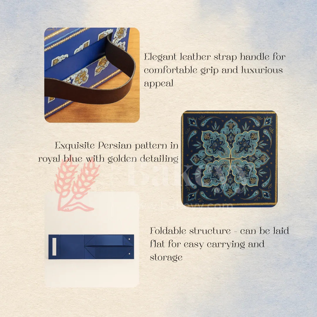 8x8x4 Inch | Royal Blue Persian Design Hamper Box with Leather Handle | Pack of 1