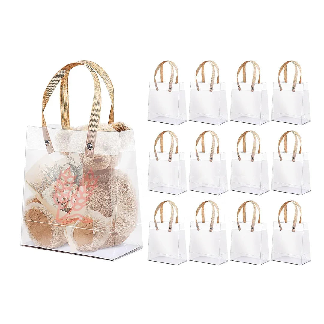 Square Frosted Matte Gift Bag with Wood-Textured Handles | Translucent PVC Party Favor & Retail Packaging | Pack Of 12