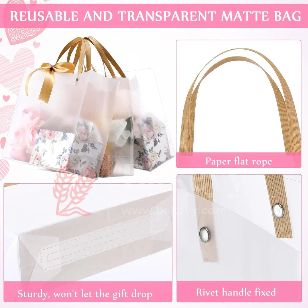 Square Frosted Matte Gift Bag with Wood-Textured Handles | Translucent PVC Party Favor & Retail Packaging | Pack Of 12