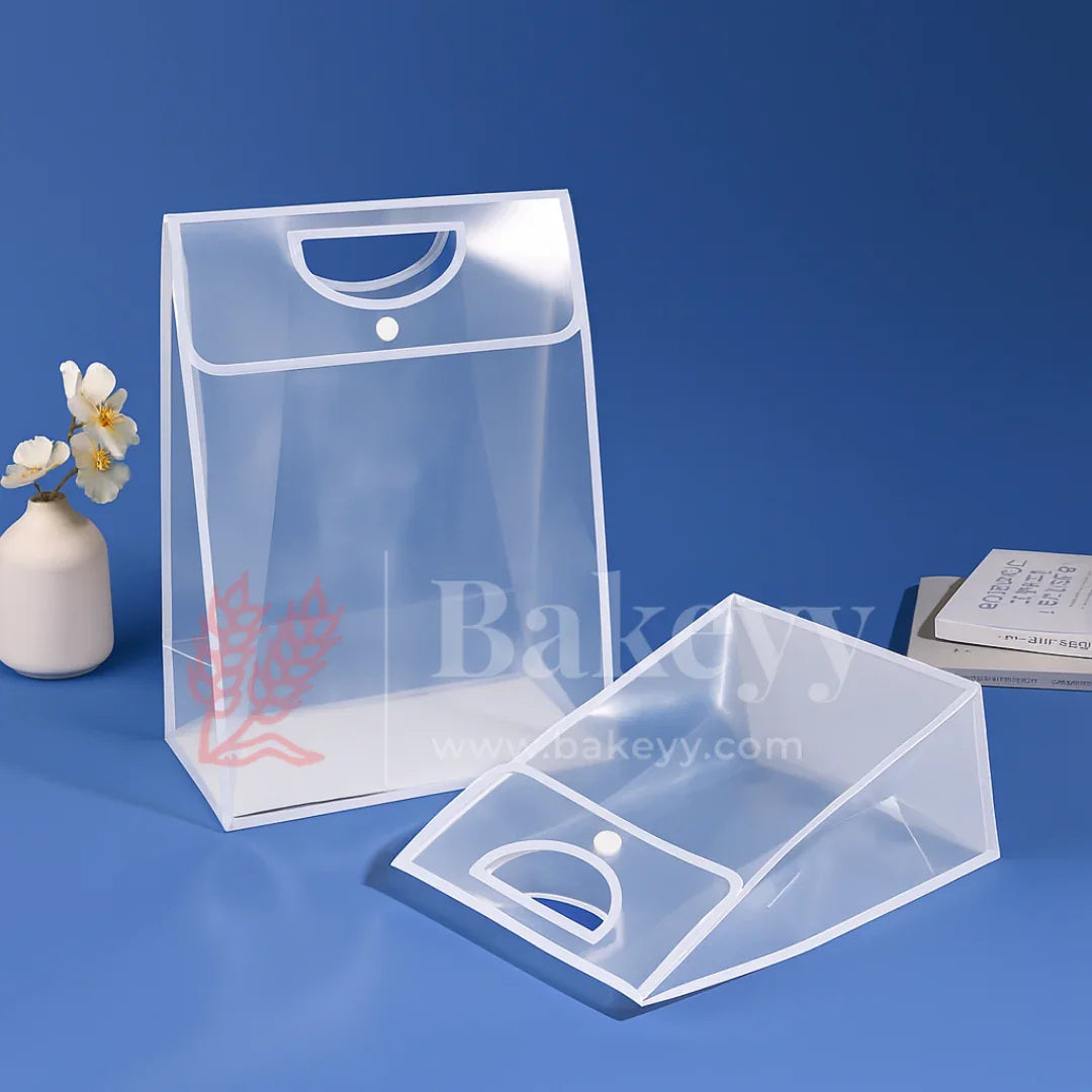 Transparent Gift Bag with Button Lock - White | Oval‑Cut Handle | Pack Of 12