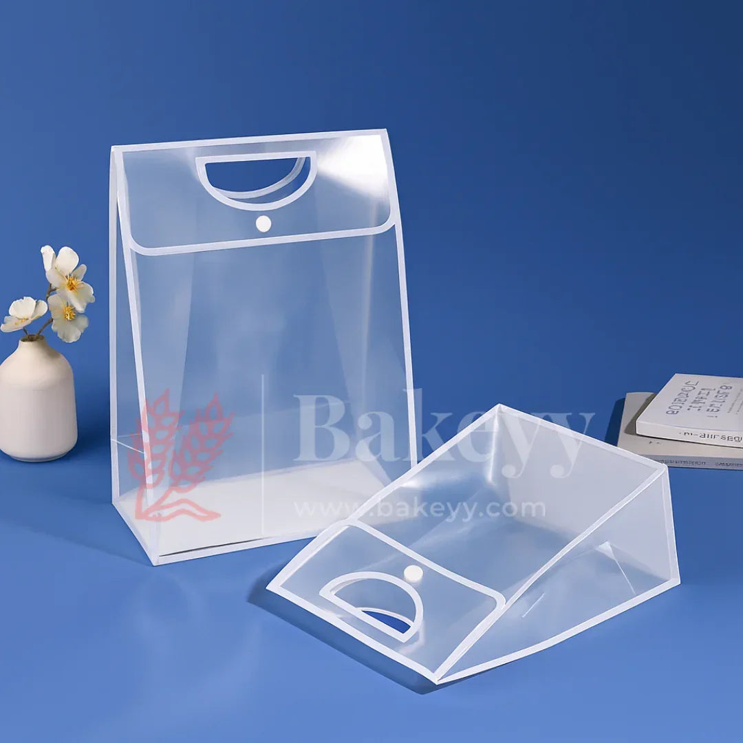 Transparent Gift Bag with Button Lock - White | Oval‑Cut Handle | Pack Of 12 - Bakeyy.com - India - Transparent Gift Bag with Button Lock - White | Oval‑Cut Handle | Pack Of 12 - 23x15x30 Cm