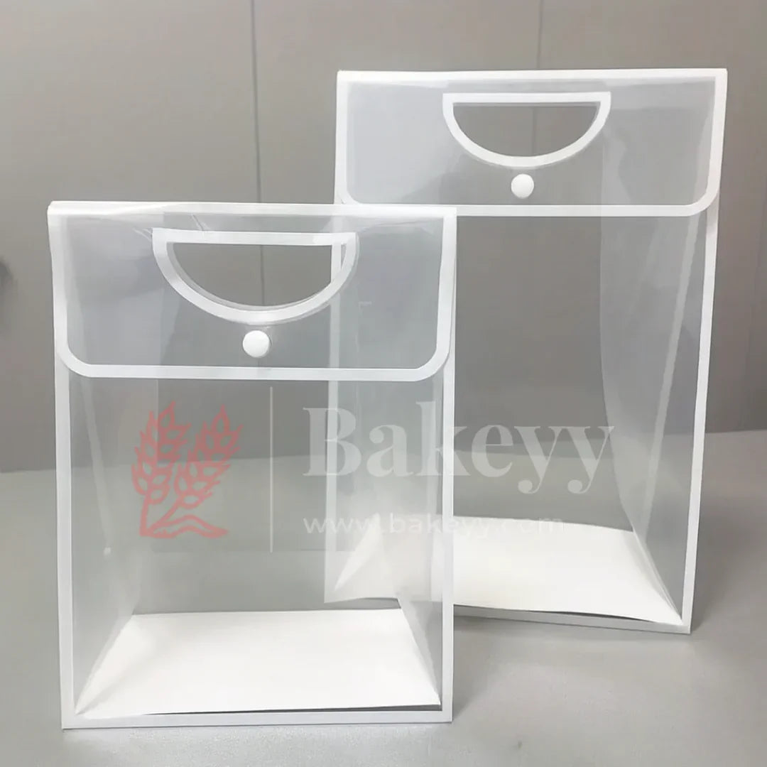 Transparent Gift Bag with Button Lock - White | Oval‑Cut Handle | Pack Of 12 - Bakeyy.com - India - Transparent Gift Bag with Button Lock - White | Oval‑Cut Handle | Pack Of 12 - 23x15x30 Cm