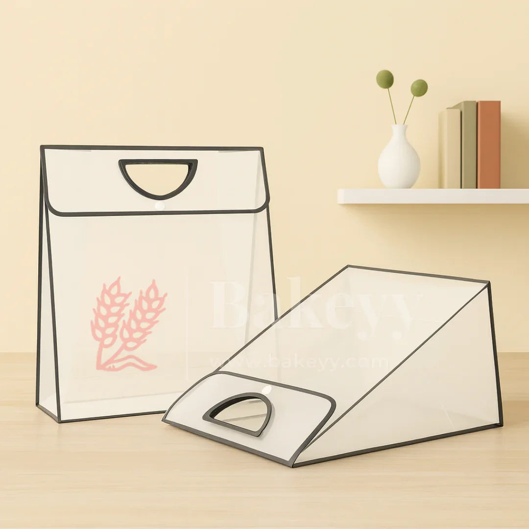 Transparent Gift Bag with Button Lock - Black | Oval‑Cut Handle | Pack Of 12