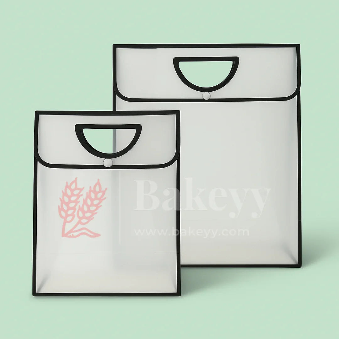 Transparent Gift Bag with Button Lock - Black | Oval‑Cut Handle | Pack Of 12