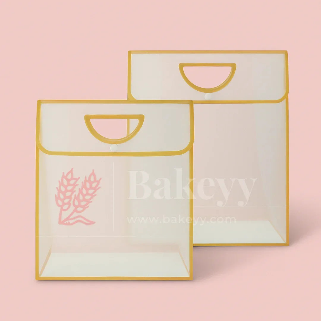 Transparent Gift Bag with Button Lock - Gold | Oval‑Cut Handle | Pack Of 12 - Bakeyy.com - India - Transparent Gift Bag with Button Lock - Gold | Oval‑Cut Handle | Pack Of 12 - 23x15x30 Cm