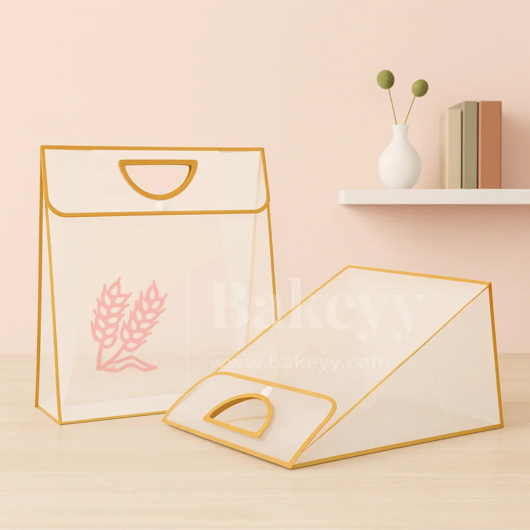 Transparent Gift Bag with Button Lock - Gold | Oval‑Cut Handle | Pack Of 12