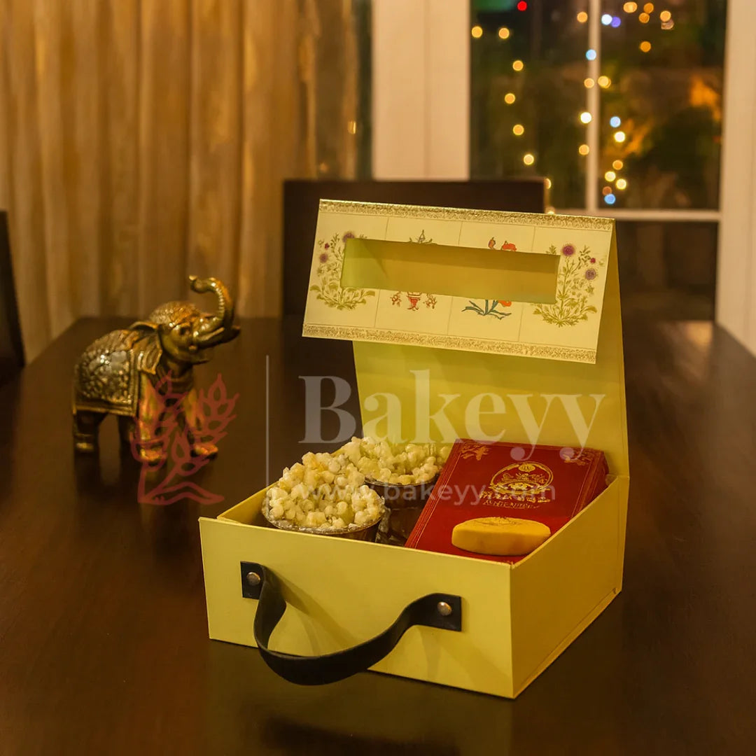 8x8x4 Inch | Yellow Peacock Design Hamper Box with Leather Handle | Pack of 1