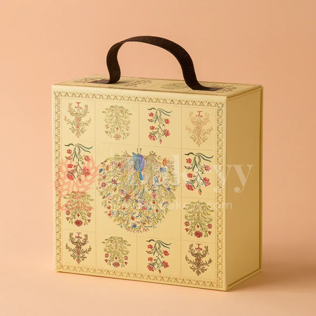 8x8x4 Inch | Yellow Peacock Design Hamper Box with Leather Handle | Pack of 1