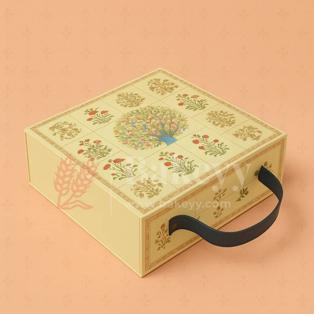 8x8x4 Inch | Yellow Peacock Design Hamper Box with Leather Handle | Pack of 1