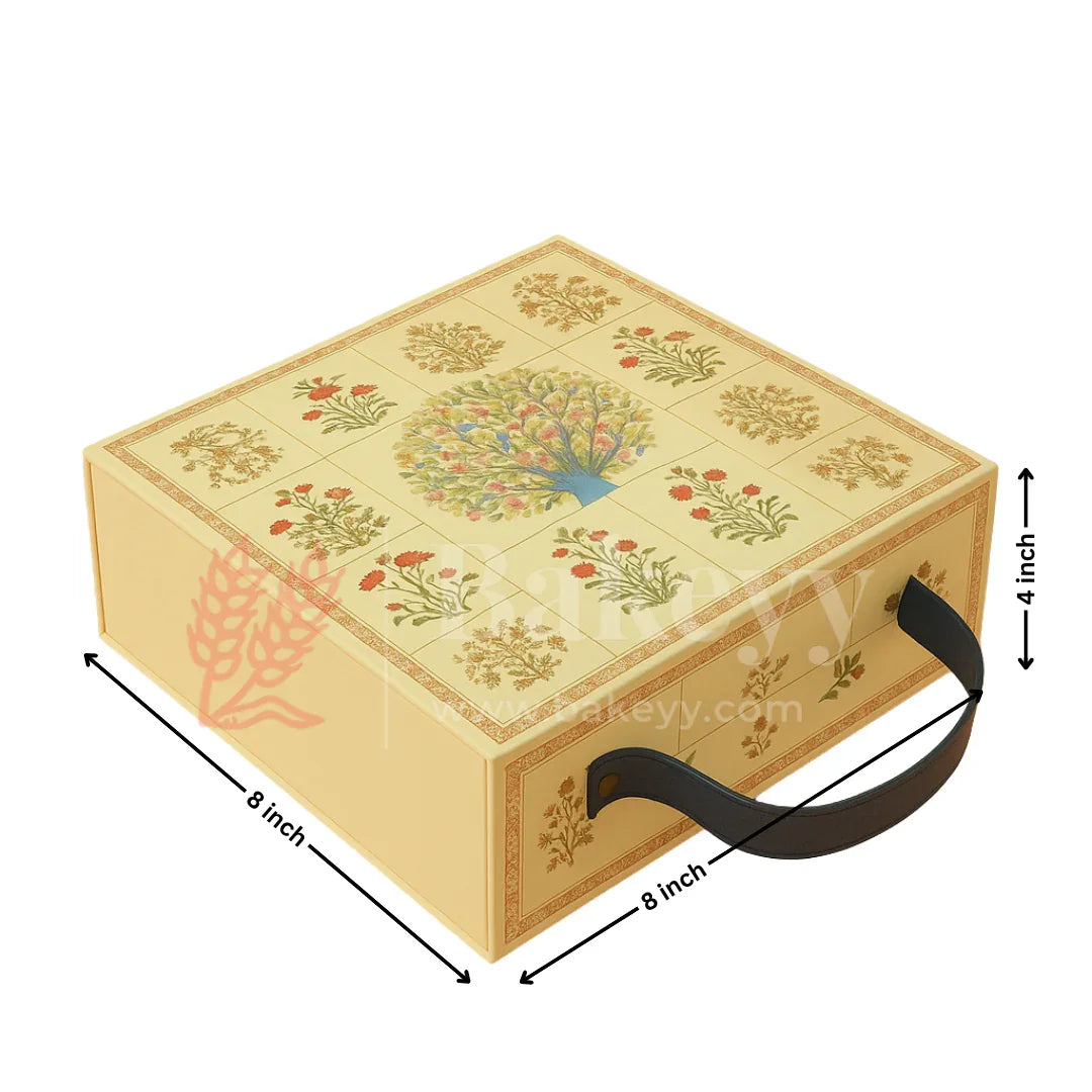 8x8x4 Inch | Yellow Peacock Design Hamper Box with Leather Handle | Pack of 1
