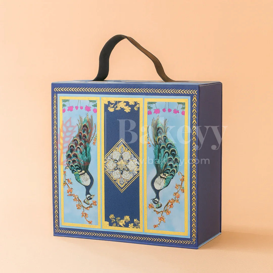 8x8x4 Inch | Royal Blue Peacock Design Hamper Box with Leather Handle | Pack of 1