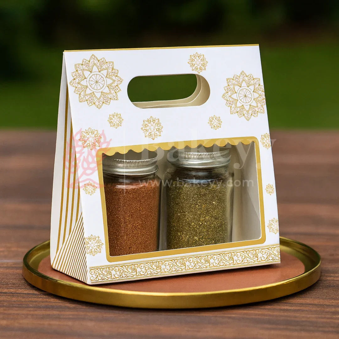 19 × 9 × 20 Cm | Elegant White and Gold Floral Window Gift Box with Handle | Luxury Festive Hamper Packaging | Pack of 10