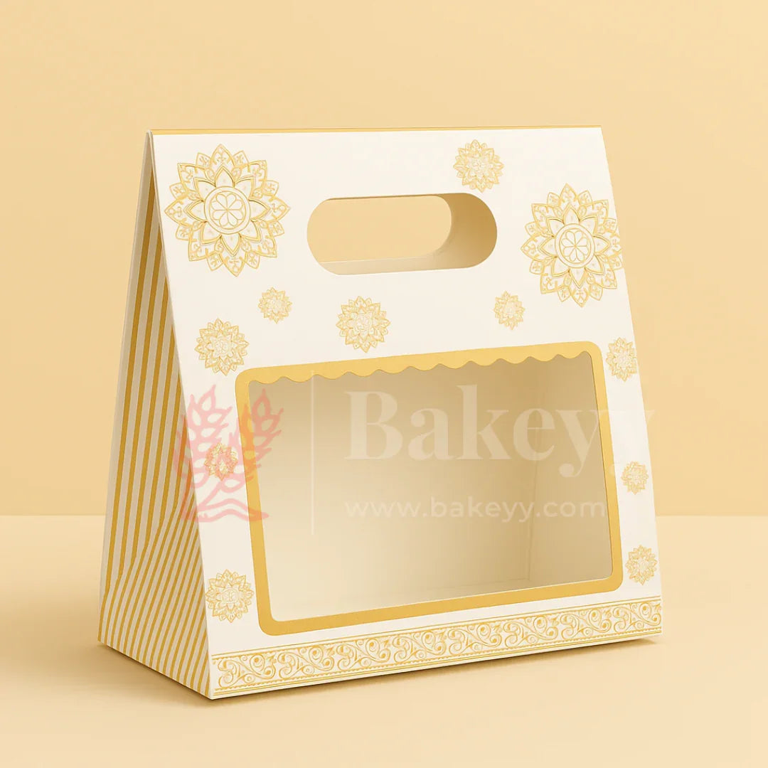 19 × 9 × 20 Cm | Elegant White and Gold Floral Window Gift Box with Handle | Luxury Festive Hamper Packaging | Pack of 10