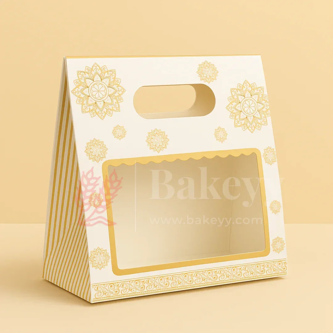 19 × 9 × 20 Cm | Elegant White and Gold Floral Window Gift Box with Handle | Luxury Festive Hamper Packaging | Pack of 10 - Bakeyy.com - India - 19 × 9 × 20 Cm | Elegant White and Gold Floral Window Gift Box with Handle | Luxury Festive Hamper Packaging | Pack of 10 - Default Title