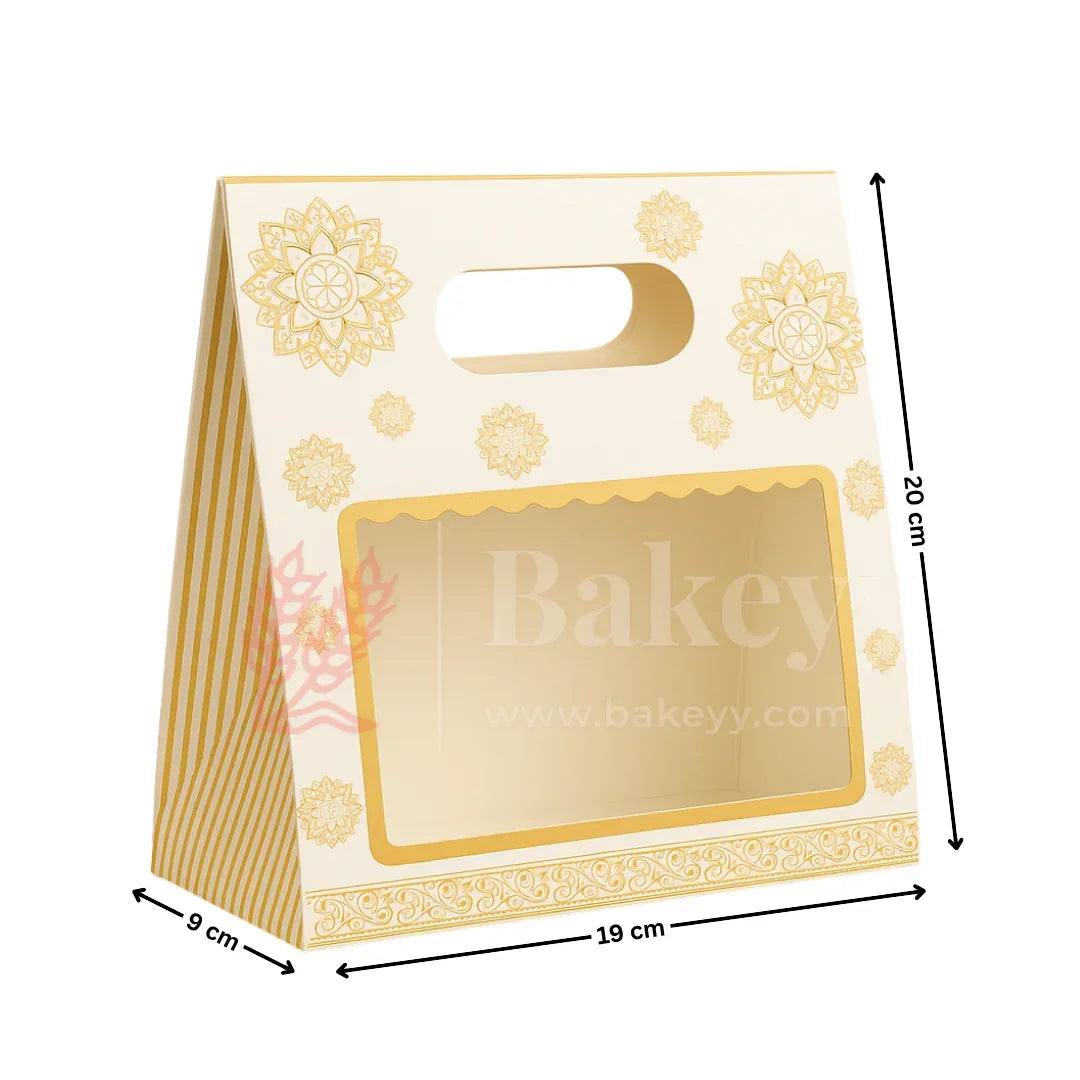 19 × 9 × 20 Cm | Elegant White and Gold Floral Window Gift Box with Handle | Luxury Festive Hamper Packaging | Pack of 10 - Bakeyy.com - India - 19 × 9 × 20 Cm | Elegant White and Gold Floral Window Gift Box with Handle | Luxury Festive Hamper Packaging | Pack of 10 - Default Title
