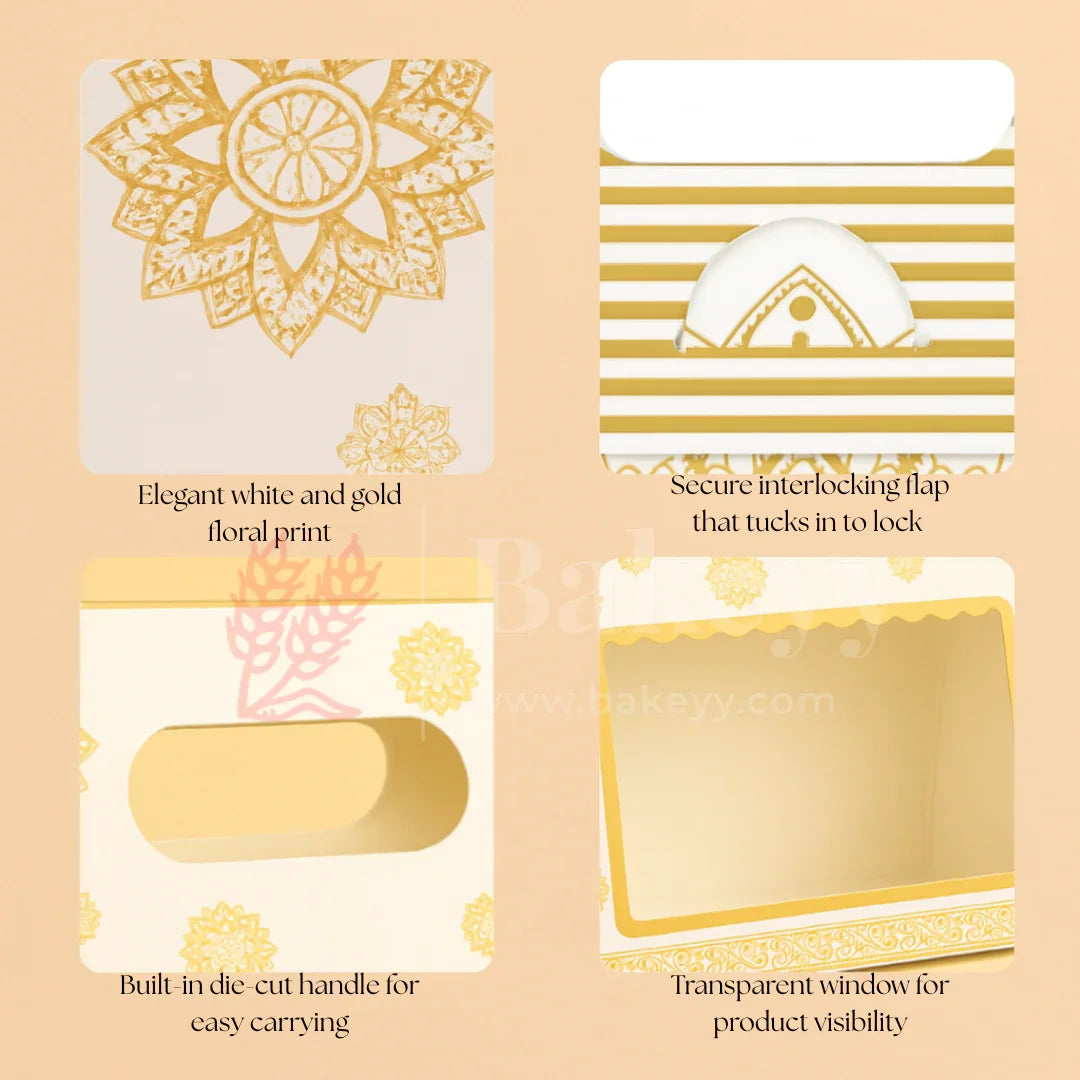 19 × 9 × 20 Cm | Elegant White and Gold Floral Window Gift Box with Handle | Luxury Festive Hamper Packaging | Pack of 10