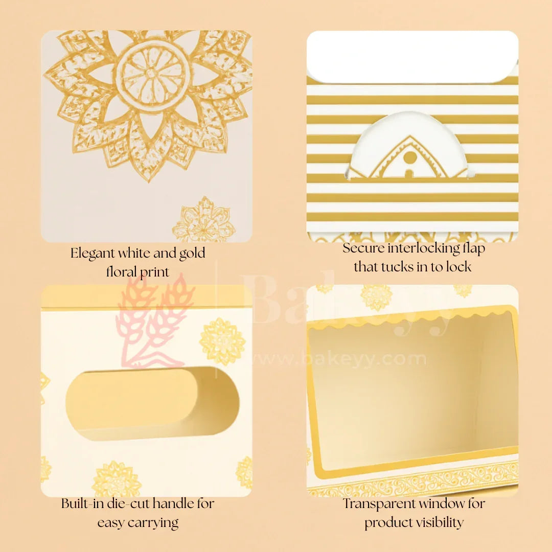 19 × 9 × 20 Cm | Elegant White and Gold Floral Window Gift Box with Handle | Luxury Festive Hamper Packaging | Pack of 10 - Bakeyy.com - India - 19 × 9 × 20 Cm | Elegant White and Gold Floral Window Gift Box with Handle | Luxury Festive Hamper Packaging | Pack of 10 - Default Title