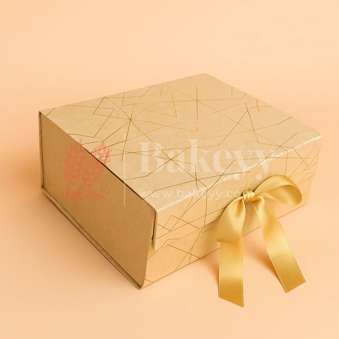 10x8x4 Inch | Golden Geometric Print Collapsible Hamper Box with Ribbon | Pack of 1
