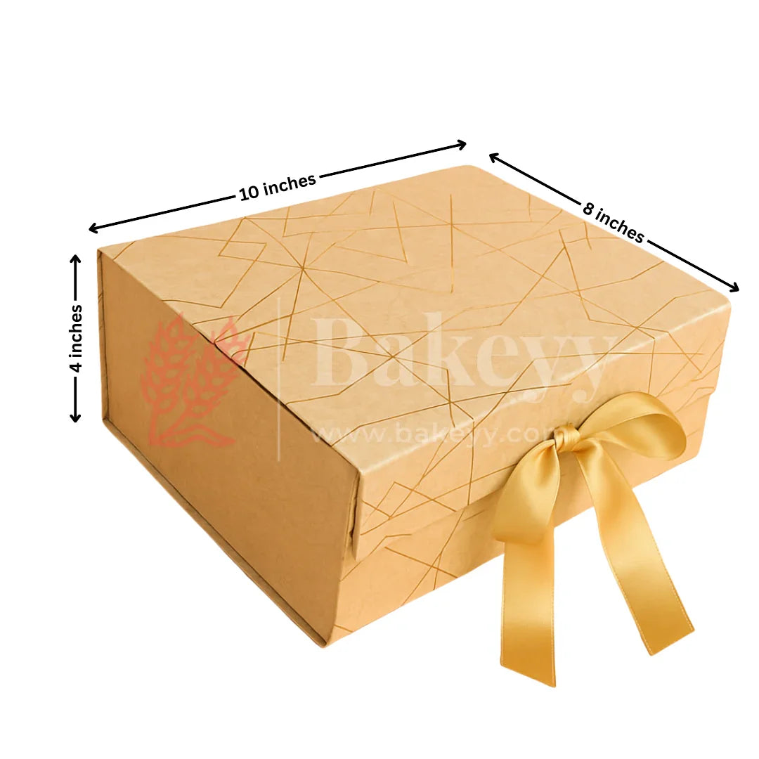 10x8x4 Inch | Golden Geometric Print Collapsible Hamper Box with Ribbon | Pack of 1