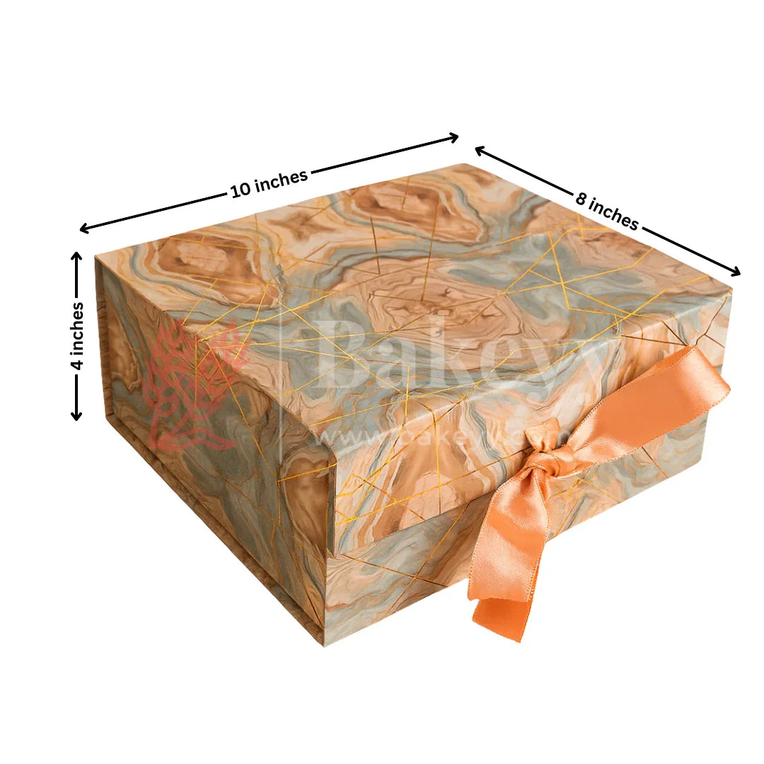 10x8x4 Inch | Peach & Aqua Marble Print Collapsible Gift Box with Ribbon | Pack of 1