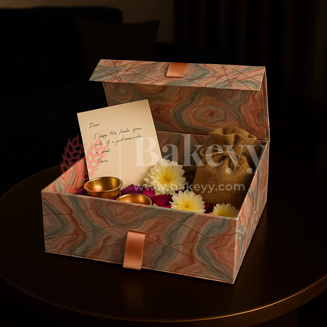 10x8x4 Inch | Peach & Aqua Marble Print Collapsible Gift Box with Ribbon | Pack of 1