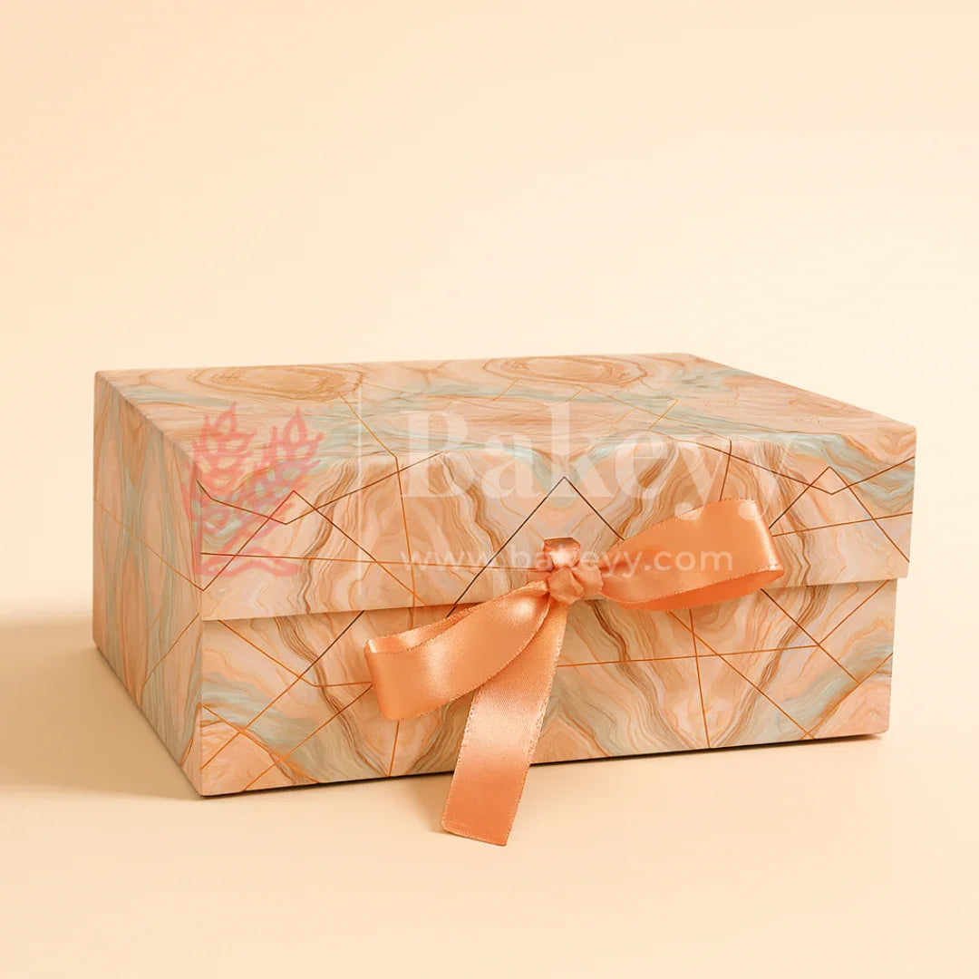 10x8x4 Inch | Peach & Aqua Marble Print Collapsible Gift Box with Ribbon | Pack of 1