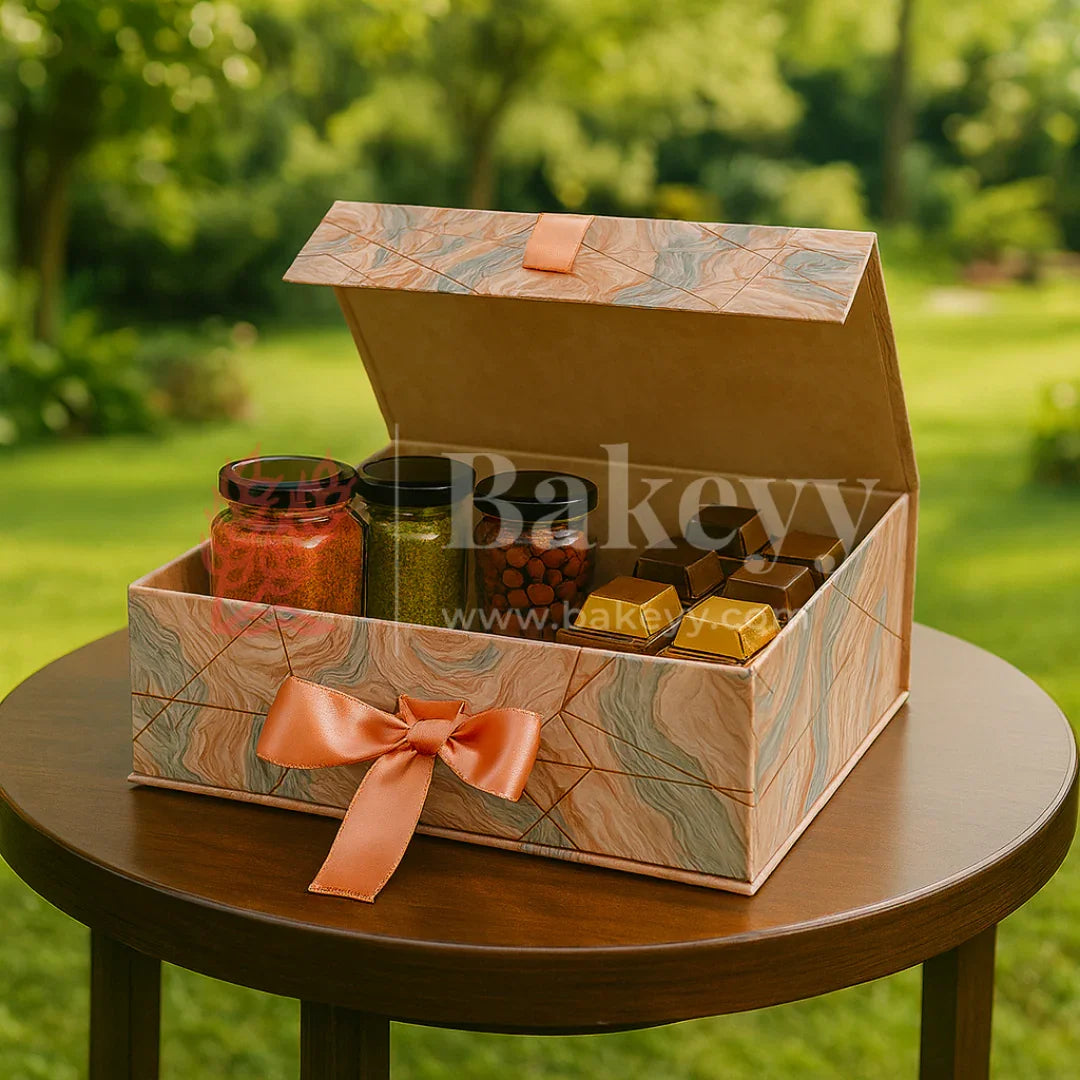 10x8x4 Inch | Peach & Aqua Marble Print Collapsible Gift Box with Ribbon | Pack of 1