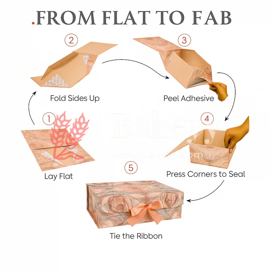 10x8x4 Inch | Peach & Aqua Marble Print Collapsible Gift Box with Ribbon | Pack of 1