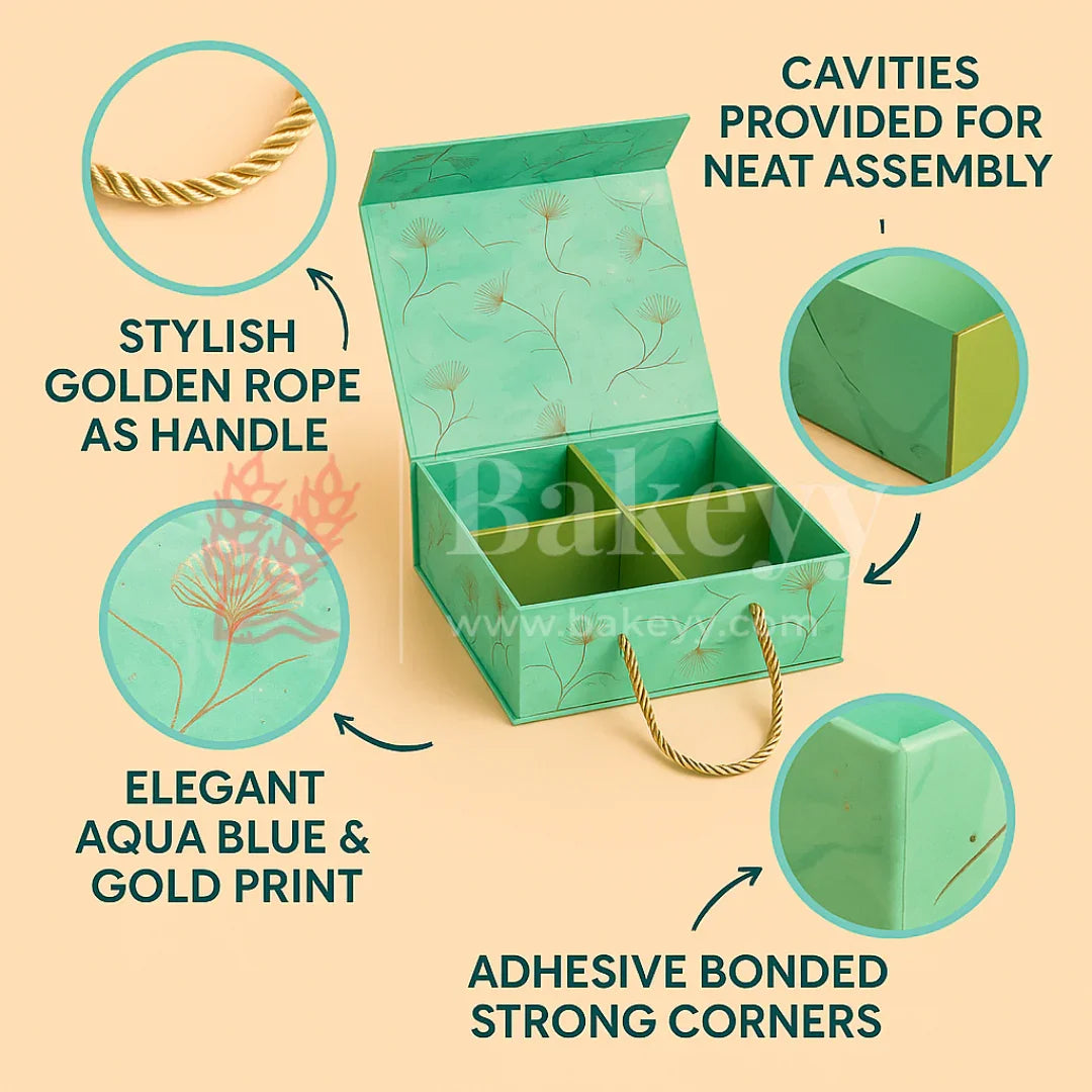 10x10x4 Inch | Aqua Blue Floral Print Collapsible Hamper Box with Rope Handle & 4 Cavities | Pack of 1