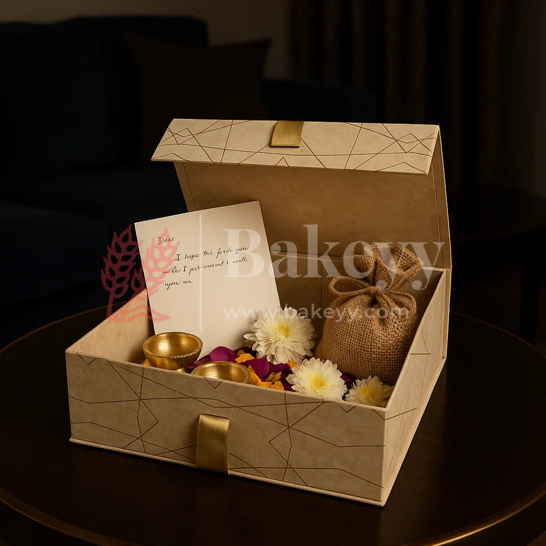 10x8x4 Inch | Golden Geometric Print Collapsible Hamper Box with Ribbon | Pack of 1