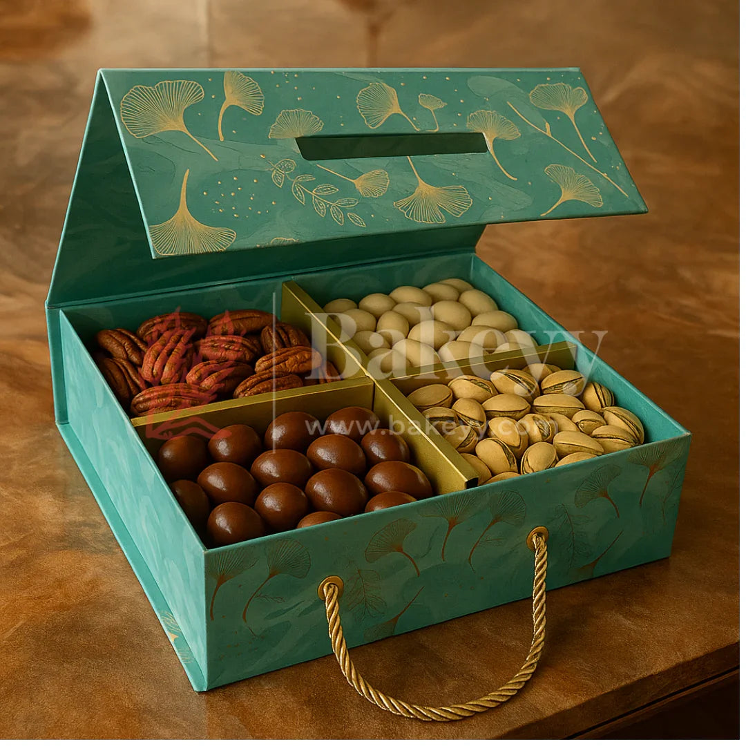 10x10x4 Inch | Aqua Blue Floral Print Collapsible Hamper Box with Rope Handle & 4 Cavities | Pack of 1