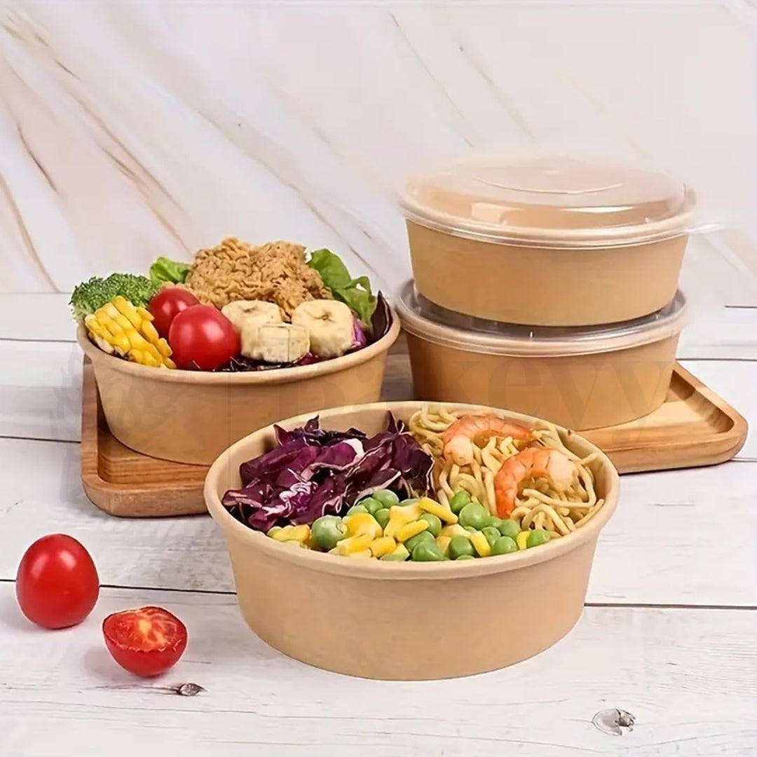 Disposable Round Kraft Containers for Food With Lid | Pack of 50 | Useful for Salads and Meal Takeaway Box