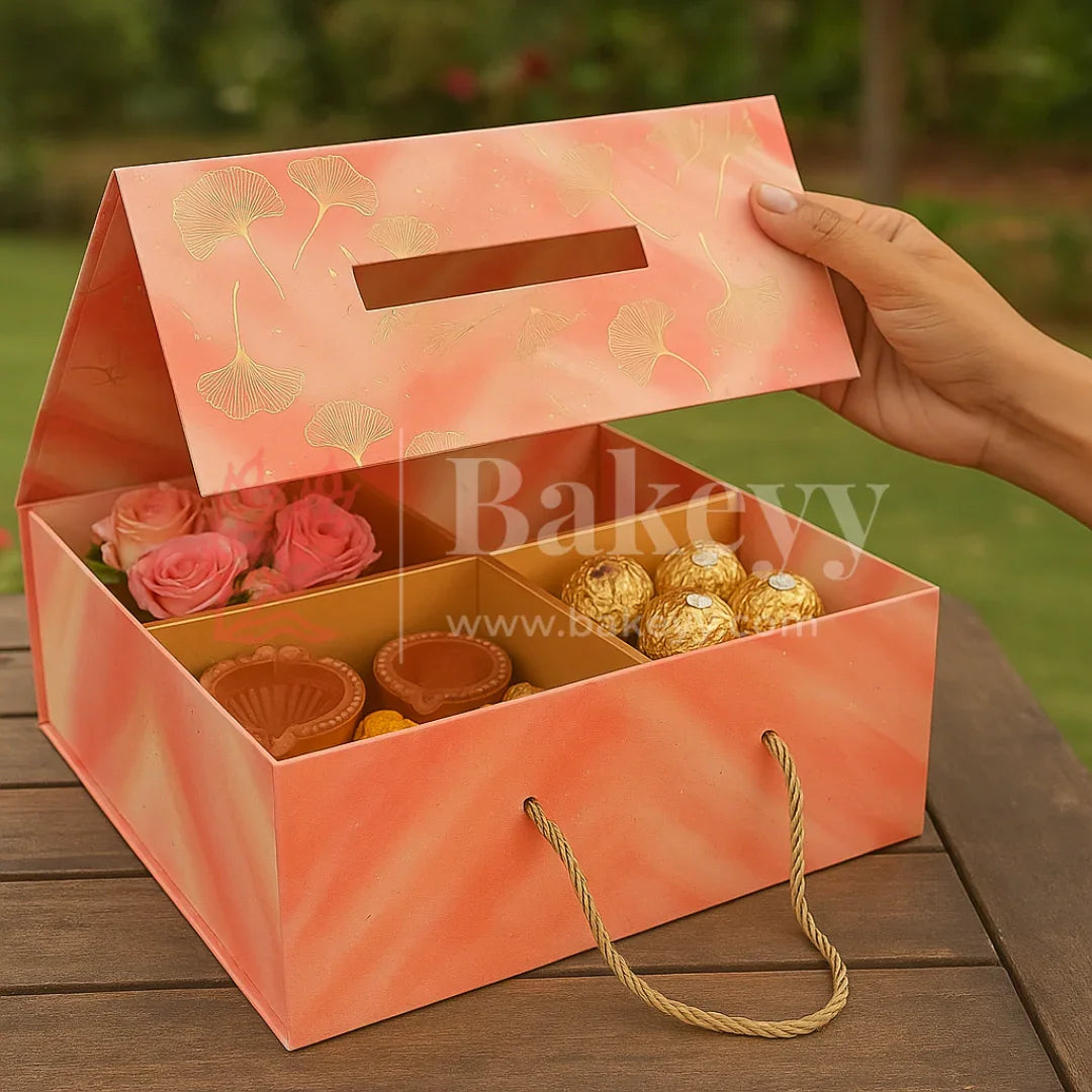 10x10x4 Inch | Peach Floral Print Collapsible Hamper Box with Rope Handle | Pack of 1