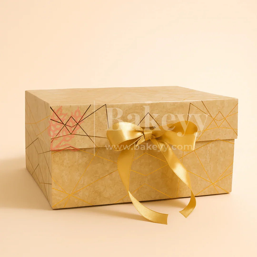 10x8x4 Inch | Golden Geometric Print Collapsible Hamper Box with Ribbon | Pack of 1