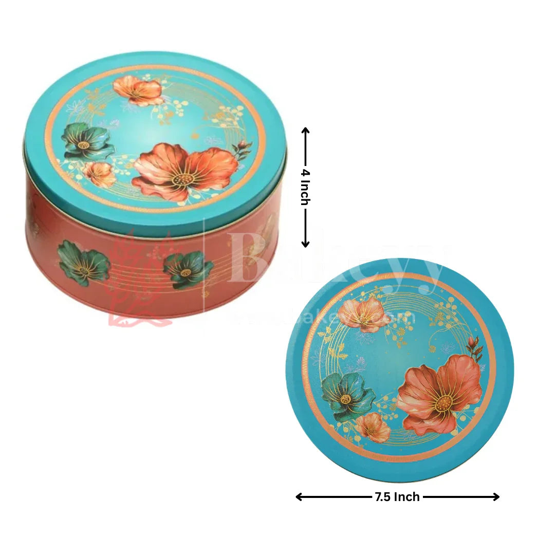 Peach & Aqua Floral Metal Tin Box | Pack of 1 - Bakeyy.com - India - Peach & Aqua Floral Metal Tin Box | Pack of 1 - Default Title