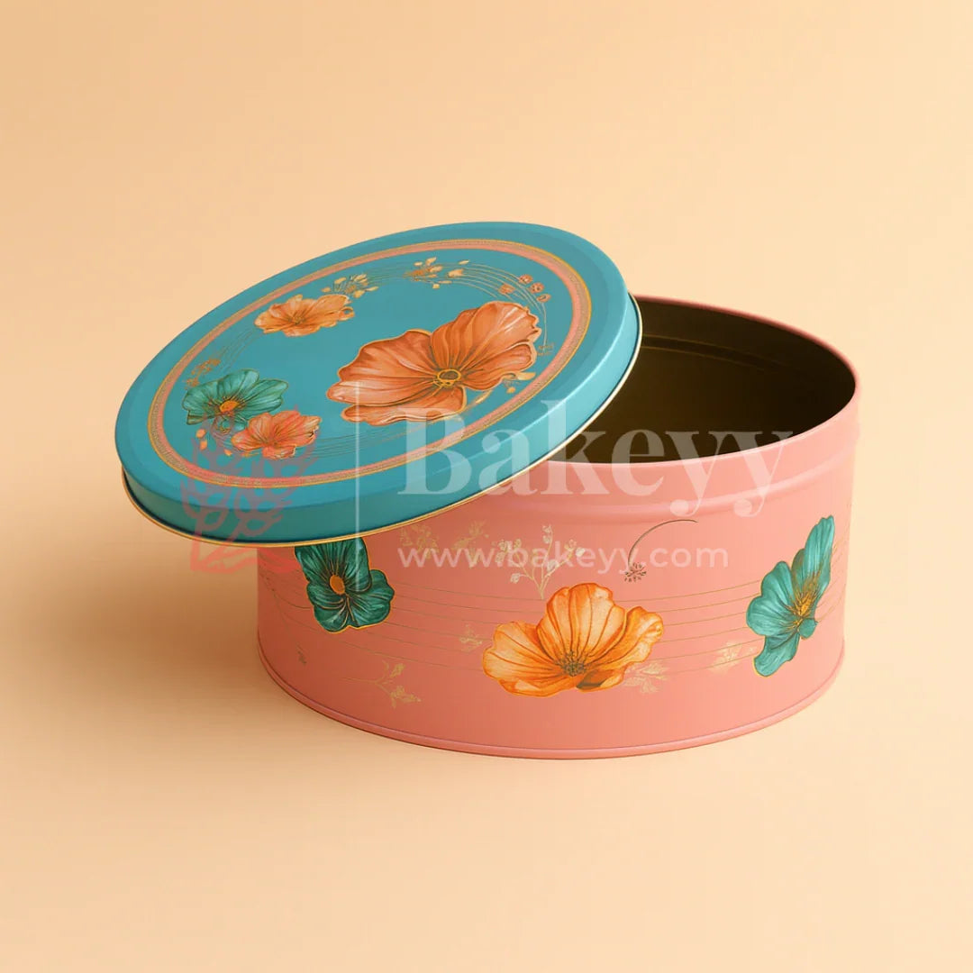 Peach & Aqua Floral Metal Tin Box | Pack of 1 - Bakeyy.com - India - Peach & Aqua Floral Metal Tin Box | Pack of 1 - Default Title