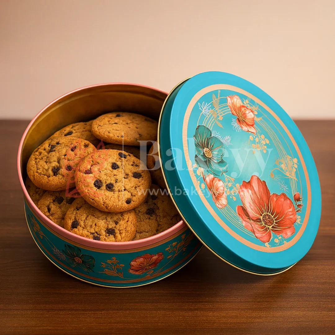 Peach & Aqua Floral Metal Tin Box | Pack of 1 - Bakeyy.com - India - Peach & Aqua Floral Metal Tin Box | Pack of 1 - Default Title