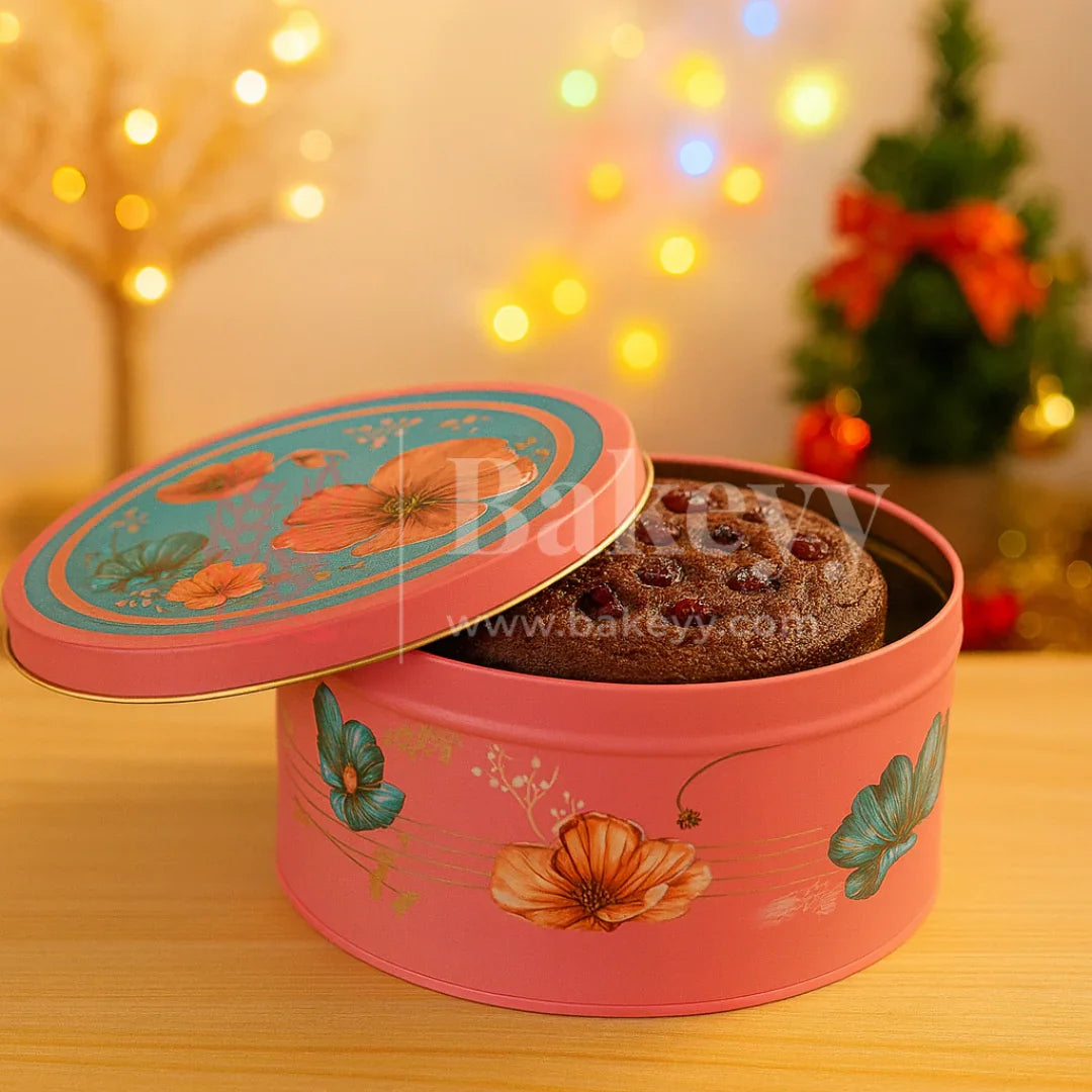 Peach & Aqua Floral Metal Tin Box | Pack of 1 - Bakeyy.com - India - Peach & Aqua Floral Metal Tin Box | Pack of 1 - Default Title