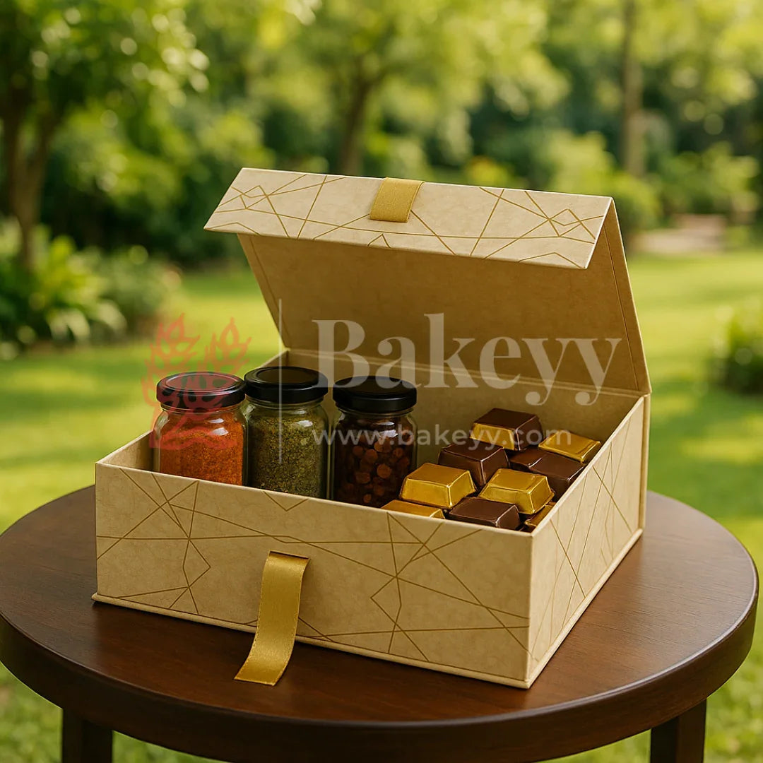 10x8x4 Inch | Golden Geometric Print Collapsible Hamper Box with Ribbon | Pack of 1