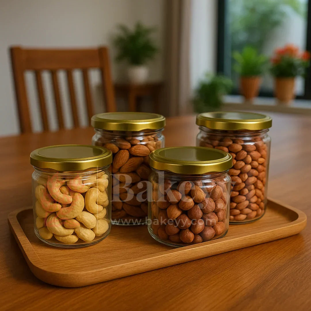Elegant Clear Storage Jars with Stylish Golden Lids | Pack of 12 - Bakeyy.com - India - Elegant Clear Storage Jars with Stylish Golden Lids | Pack of 12 - 200 ml