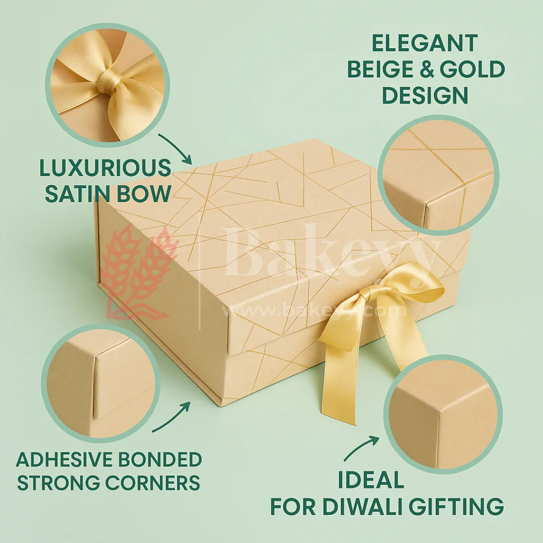 10x8x4 Inch | Golden Geometric Print Collapsible Hamper Box with Ribbon | Pack of 1