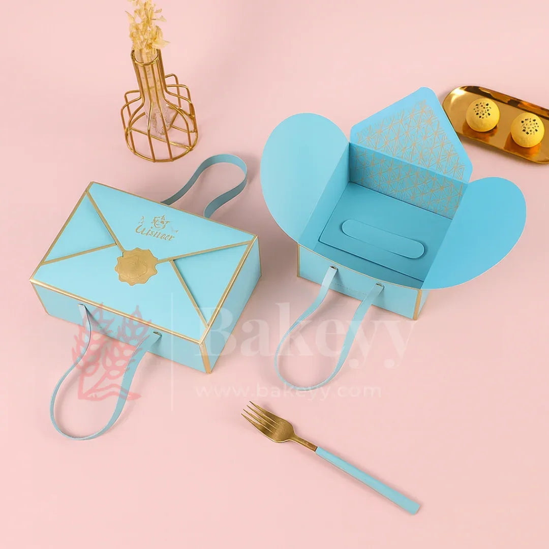 Pastel Blue Foldable Gift Box with Leather Handles | Pack of 10 - Bakeyy.com - India - Pastel Blue Foldable Gift Box with Leather Handles | Pack of 10 - Small