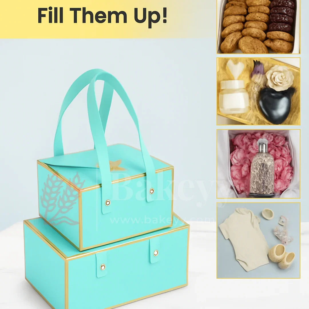 Pastel Blue Foldable Gift Box with Leather Handles | Pack of 10
